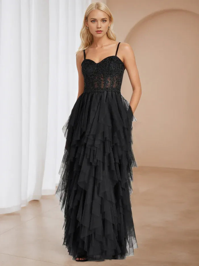 Cinnamon Rose Tulle A-Line Appliques Prom Dresses