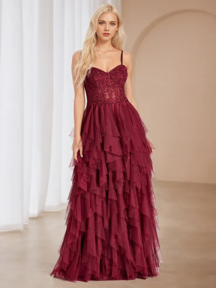 Cinnamon Rose Tulle A-Line Appliques Prom Dresses