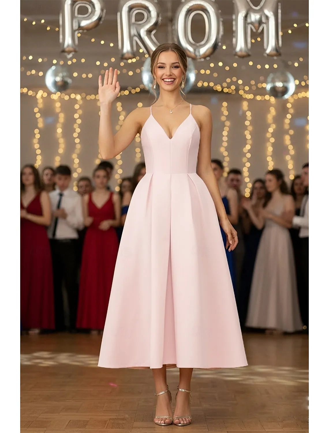 Classic A-Line Spaghetti Strap Pleated Satin Blush Tea Length Prom Dress