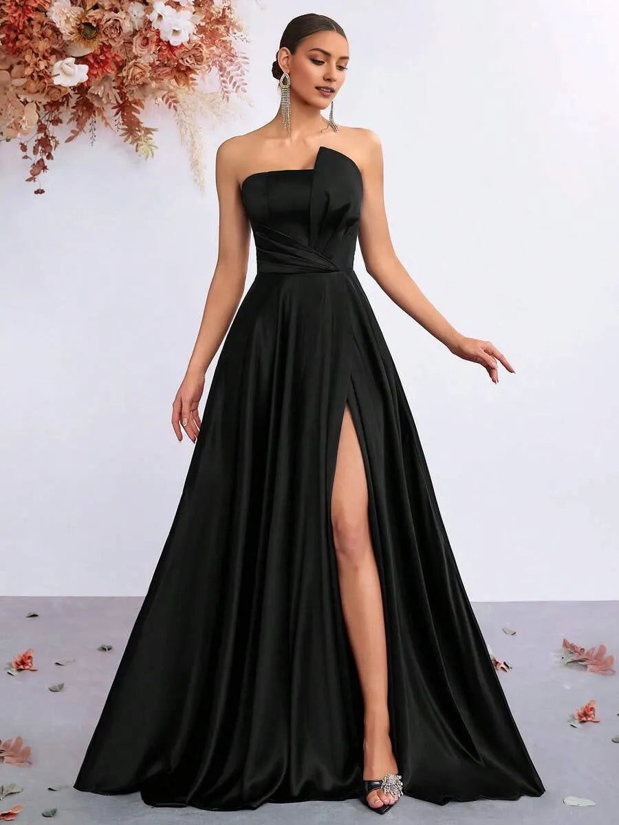 Classic A-Line Strapless Sleeveless Lace-Up Back Ruched Floor-Length High Slit Satin Prom Dress