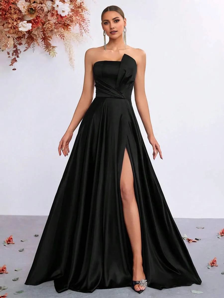 Classic A-Line Strapless Sleeveless Lace-Up Back Ruched Floor-Length High Slit Satin Prom Dress