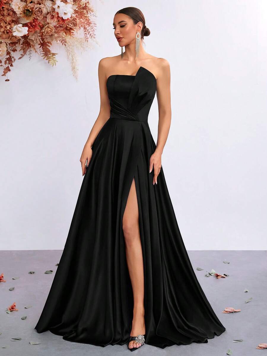 Classic A-Line Strapless Sleeveless Lace-Up Back Ruched Floor-Length High Slit Satin Prom Dress