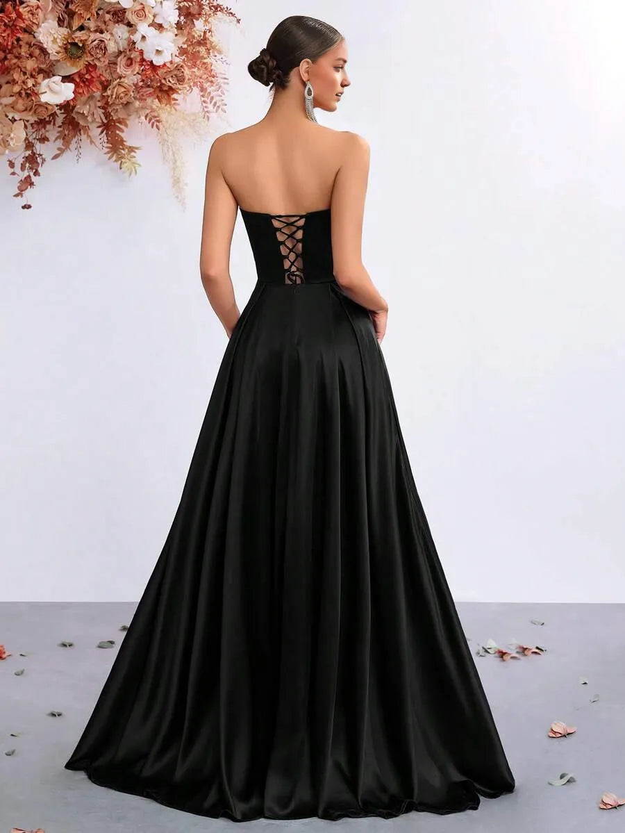 Classic A-Line Strapless Sleeveless Lace-Up Back Ruched Floor-Length High Slit Satin Prom Dress