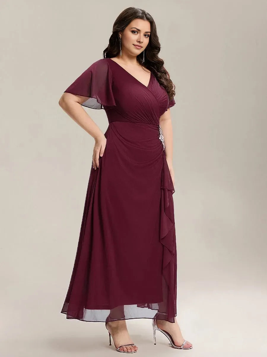 Classic A-Line V -Neck Ruffle Sleeve Back Zip Ruched Bodice Slit Chiffon Floor-Length Plus Size Prom Dresses