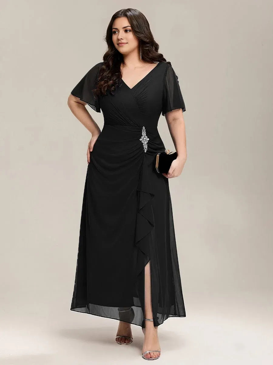 Classic A-Line V -Neck Ruffle Sleeve Back Zip Ruched Bodice Slit Chiffon Floor-Length Plus Size Prom Dresses