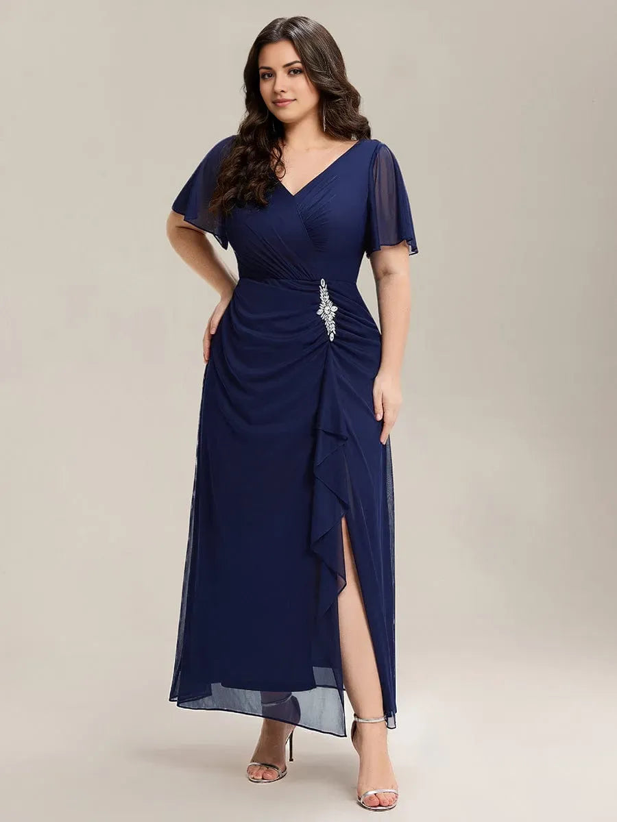 Classic A-Line V -Neck Ruffle Sleeve Back Zip Ruched Bodice Slit Chiffon Floor-Length Plus Size Prom Dresses
