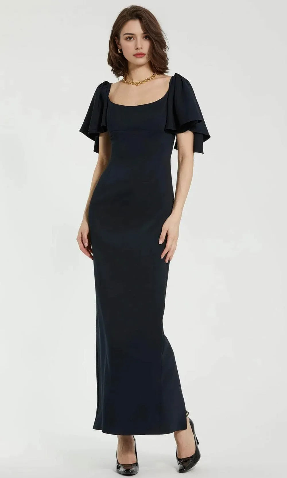 Classic Black Evening Dress Square Neckline Flutter Short Sleeves and Body Conforming Design to Shine at Your Event