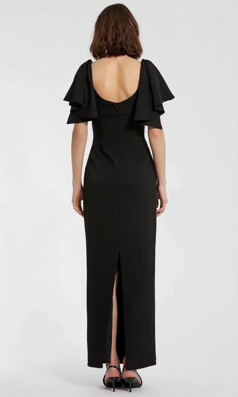 Classic Black Evening Dress Square Neckline Flutter Short Sleeves and Body Conforming Design to Shine at Your Event