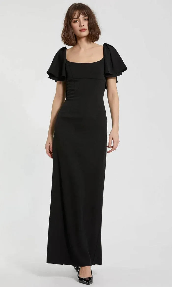 Classic Black Evening Dress Square Neckline Flutter Short Sleeves and Body Conforming Design to Shine at Your Event