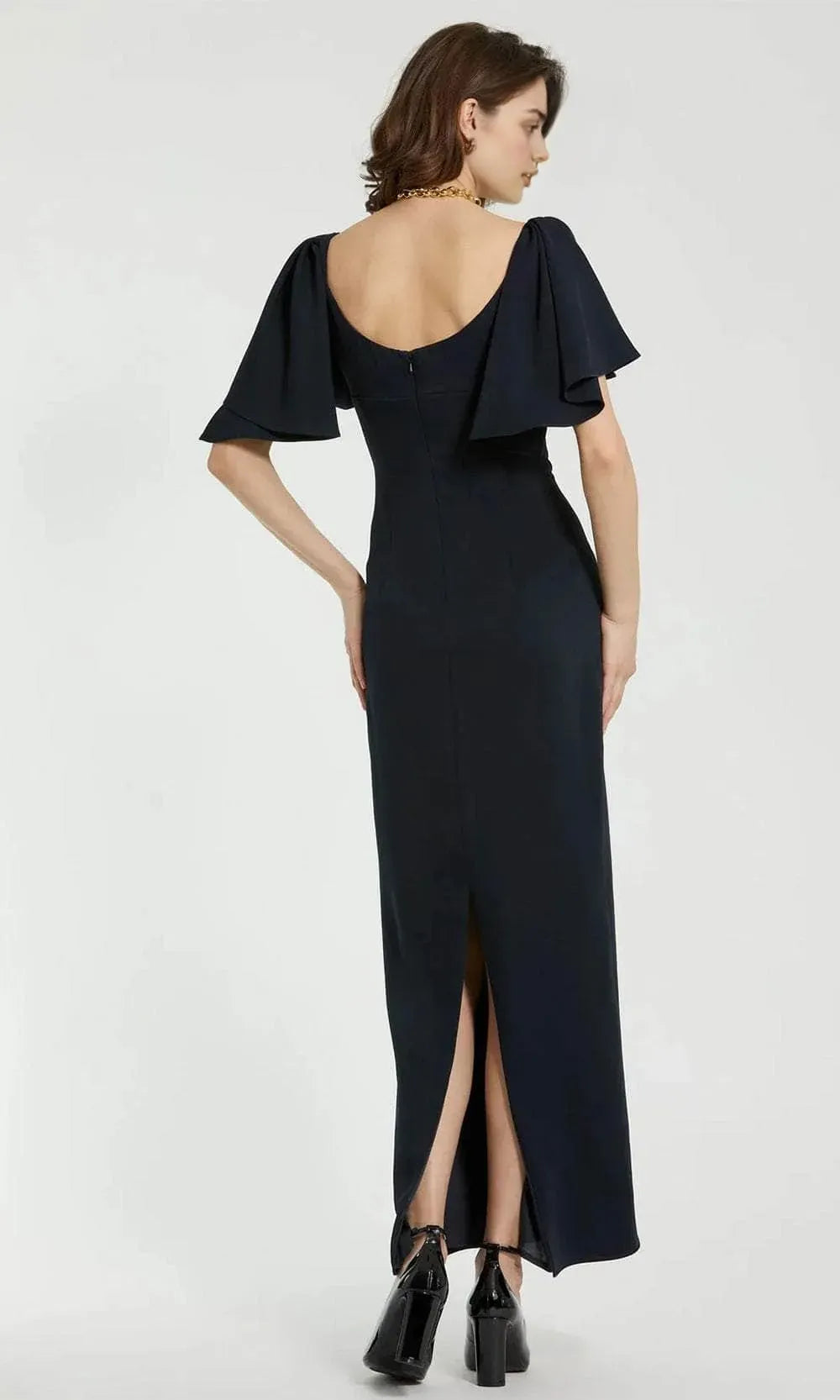 Classic Black Evening Dress Square Neckline Flutter Short Sleeves and Body Conforming Design to Shine at Your Event