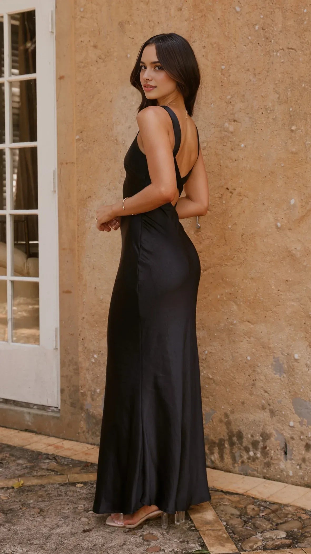 Classic Black Satin Prom Dress Plunging V - Neck Spaghetti Straps Floor Length Fit for Timeless Elegance