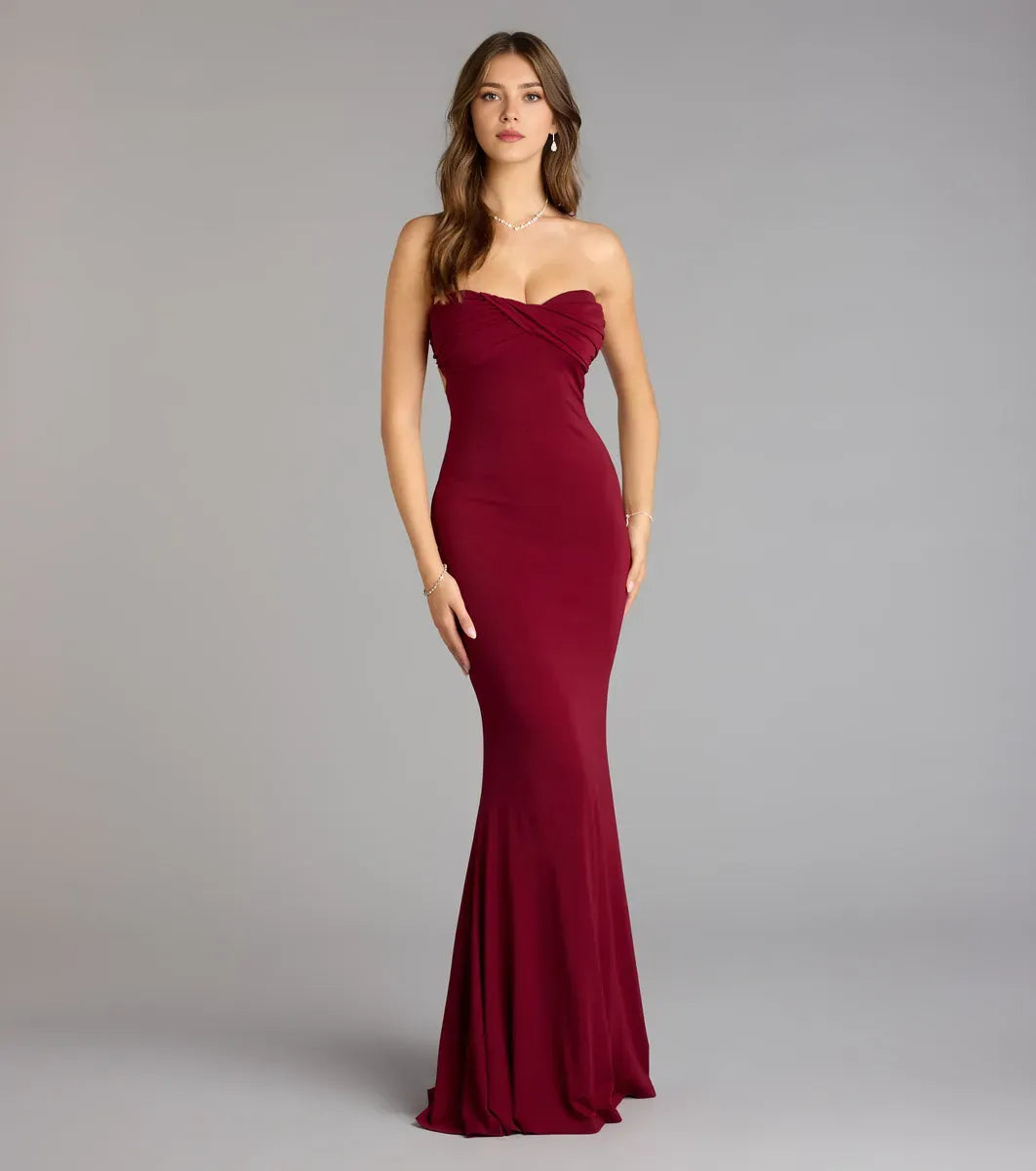 Classic Burgundy Mermaid Sweetheart Neck Strapless Cut-Out-Back Floor-Length Prom Dresses ﻿