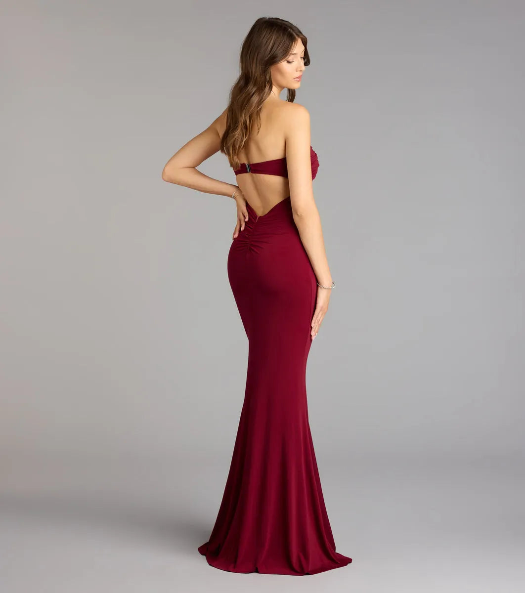 Classic Burgundy Mermaid Sweetheart Neck Strapless Cut-Out-Back Floor-Length Prom Dresses ﻿
