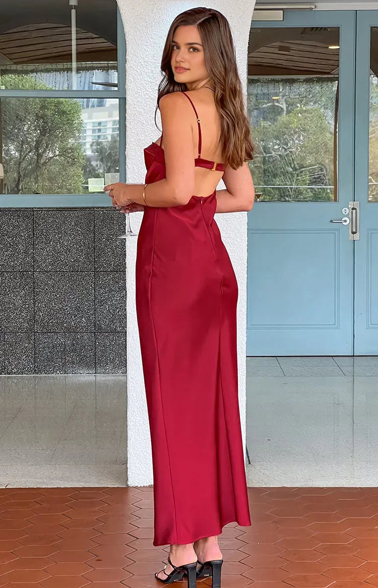 Classic Burgundy Satin Prom Dress Spaghetti Straps Lace Trimmed Bodice Floor  Length Style for Timeless Elegance