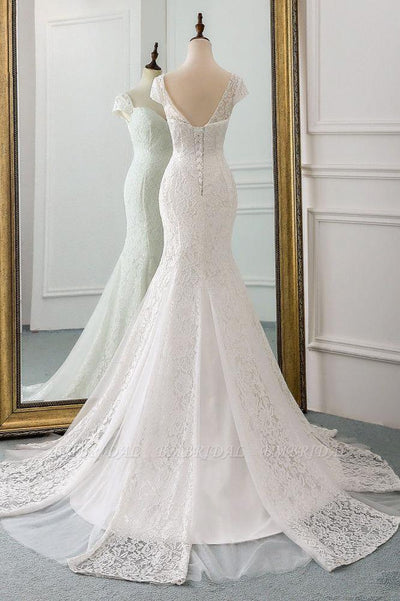 Classic Cap Sleeve Floral Lace Slim Mermaid Wedding Dress Lace up Wedding Party
