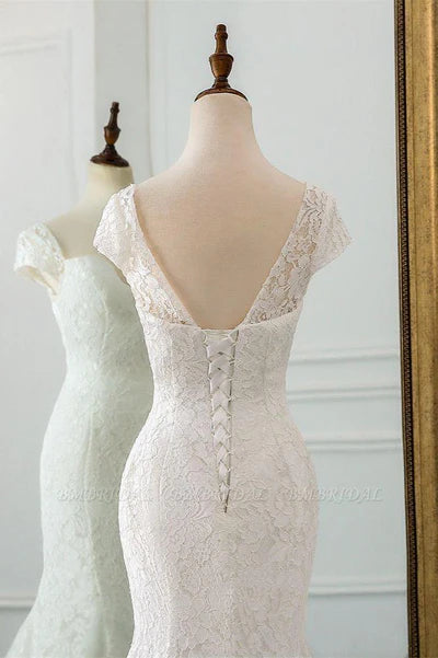 Classic Cap Sleeve Floral Lace Slim Mermaid Wedding Dress Lace up Wedding Party