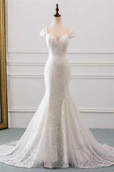 Classic Cap Sleeve Floral Lace Slim Mermaid Wedding Dress Lace up Wedding Party