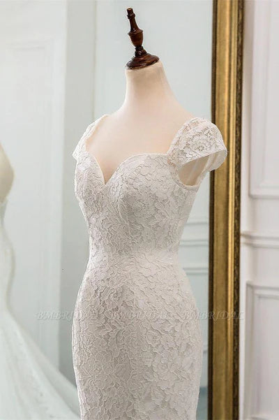 Classic Cap Sleeve Floral Lace Slim Mermaid Wedding Dress Lace up Wedding Party