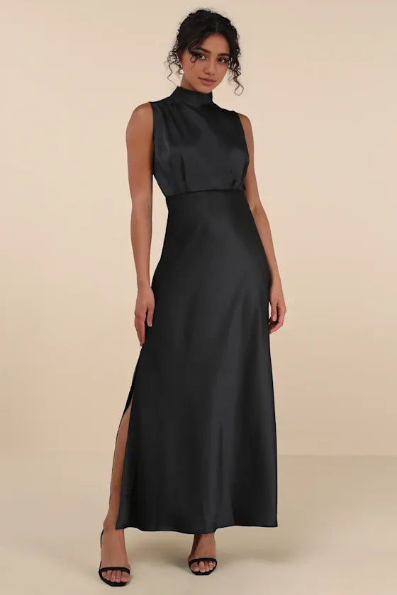 Classic Elegance Black Satin Sleeveless Mock Neck Evening Dresses