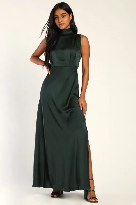 Classic Elegance Black Satin Sleeveless Mock Neck Evening Dresses
