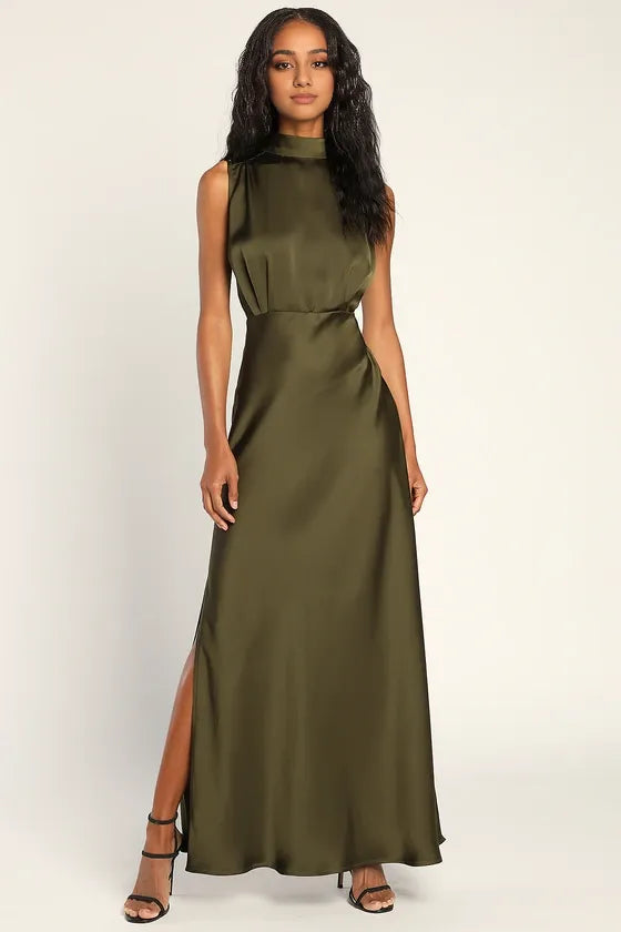 Classic Elegance Black Satin Sleeveless Mock Neck Evening Dresses