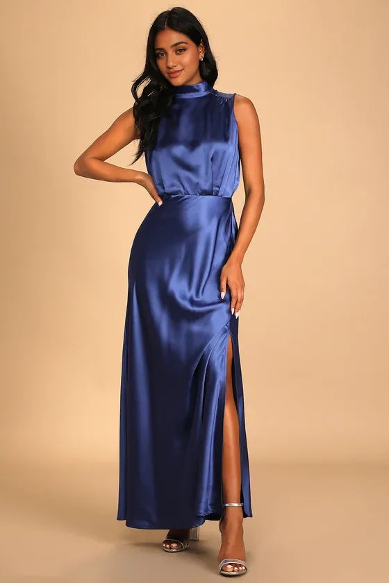 Classic Elegance Black Satin Sleeveless Mock Neck Evening Dresses