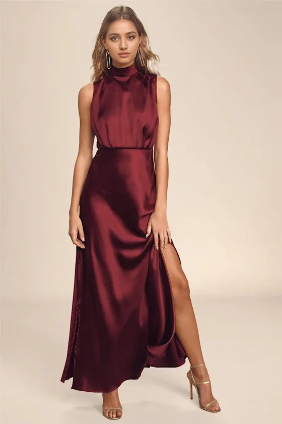 Classic Elegance Black Satin Sleeveless Mock Neck Evening Dresses