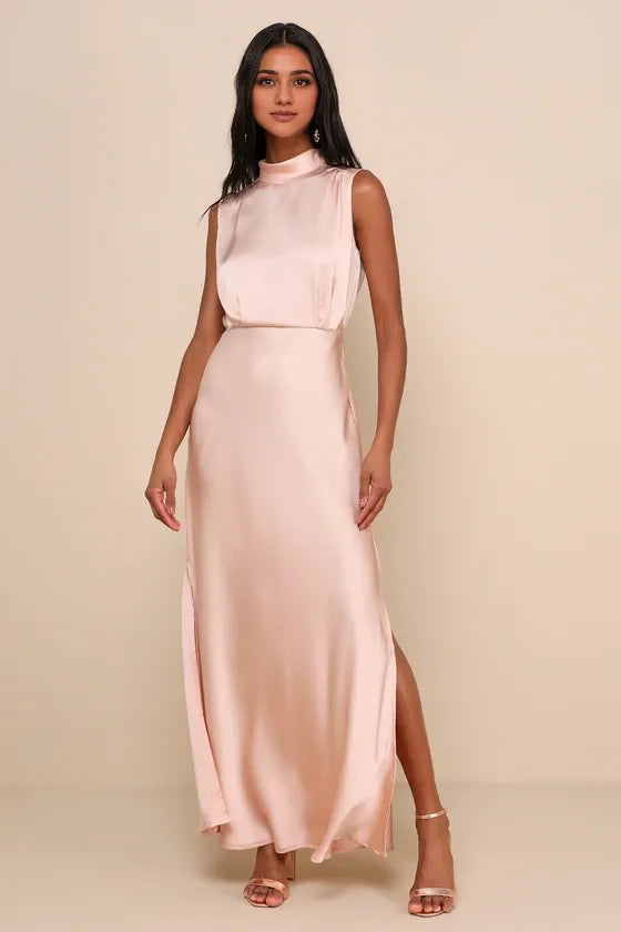 Classic Elegance Black Satin Sleeveless Mock Neck Evening Dresses