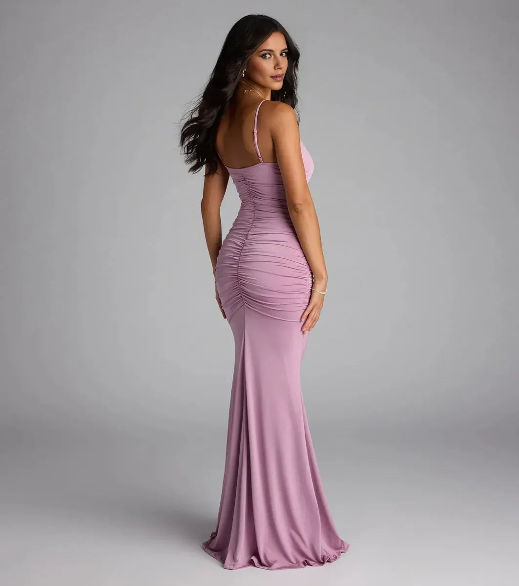 Classic Lavender Mermaid V-Neck Spaghetti Strap Back Zip Ruched Floor-Length Prom Dresses