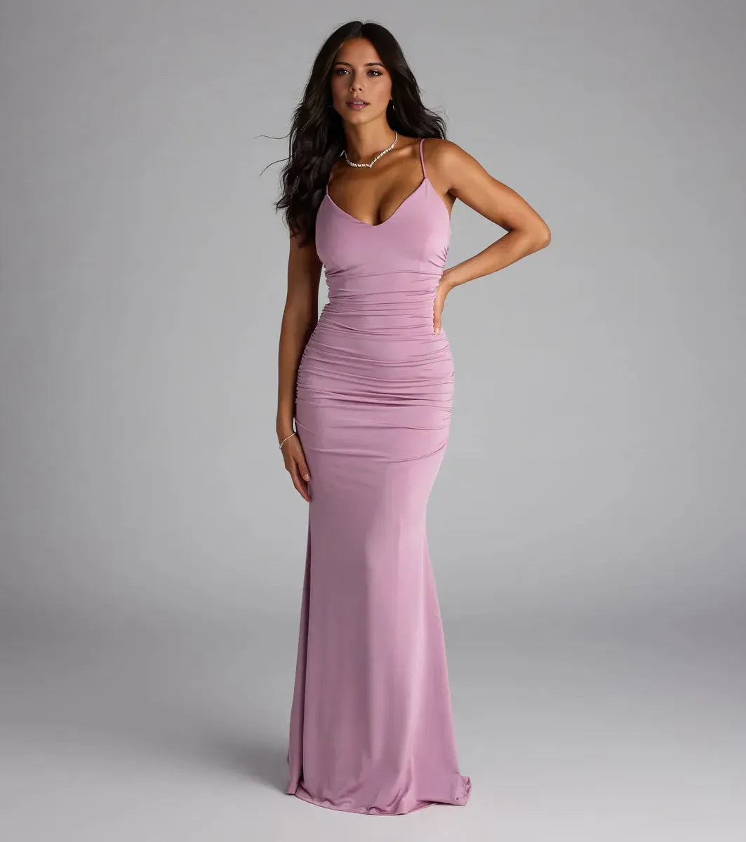 Classic Lavender Mermaid V-Neck Spaghetti Strap Back Zip Ruched Floor-Length Prom Dresses