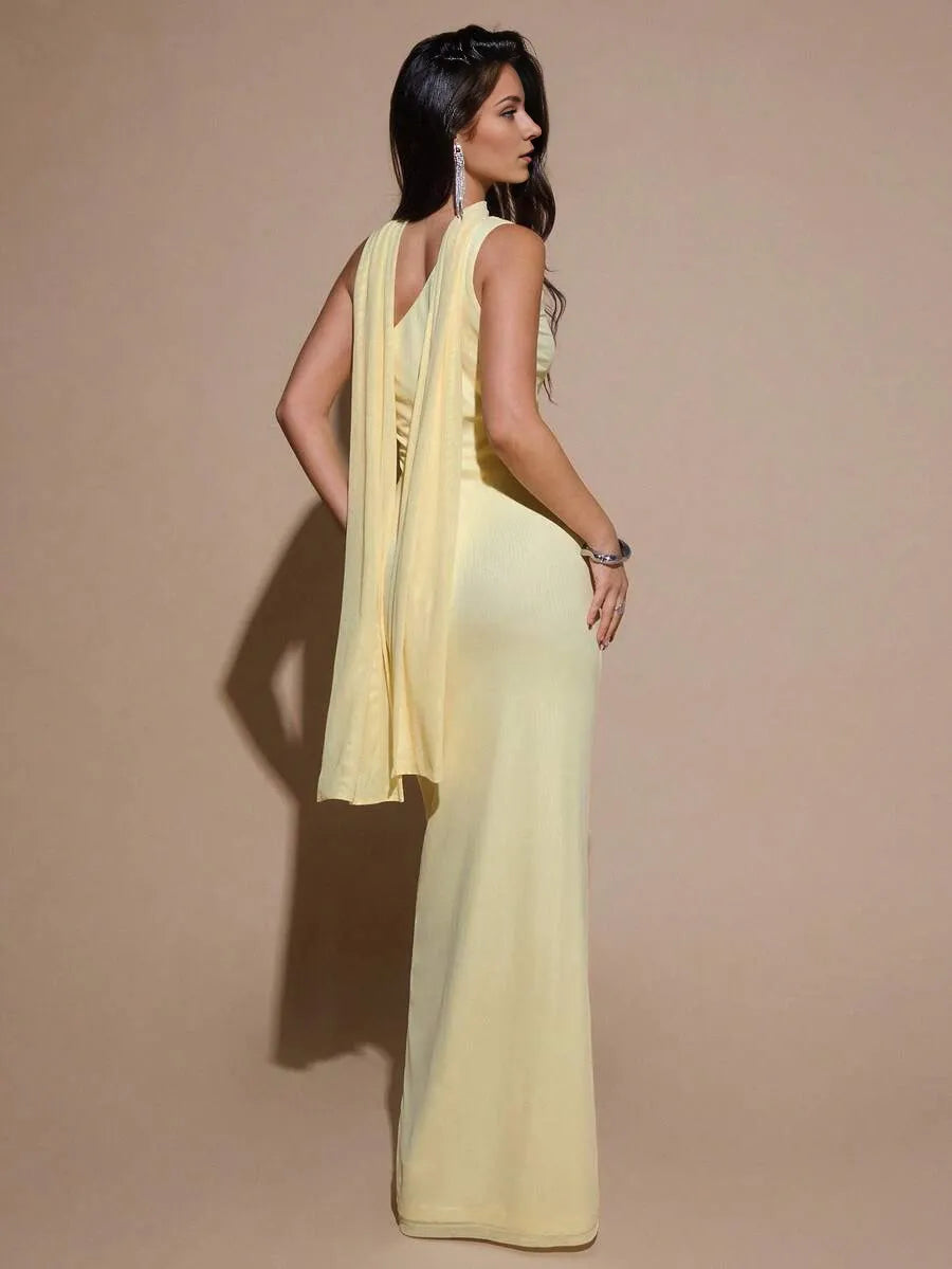 Classic Light Yellow Sheath One-Shoulder Sleeveless Floor-Length Ruched Bodice Draped Sash Prom Dresses