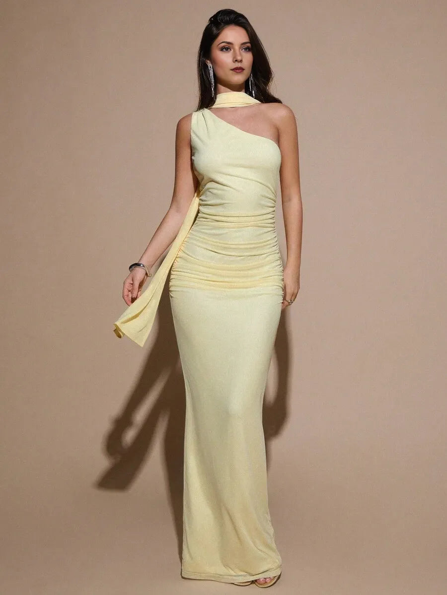 Classic Light Yellow Sheath One-Shoulder Sleeveless Floor-Length Ruched Bodice Draped Sash Prom Dresses