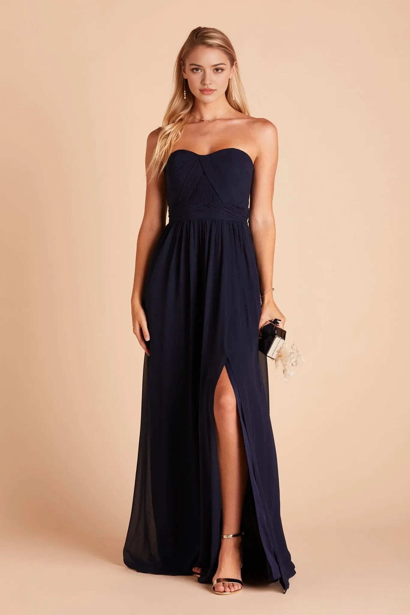 Classic Navy Strapless Chiffon Prom Dresses with Side Slit Timeless Choice for Formal Balls