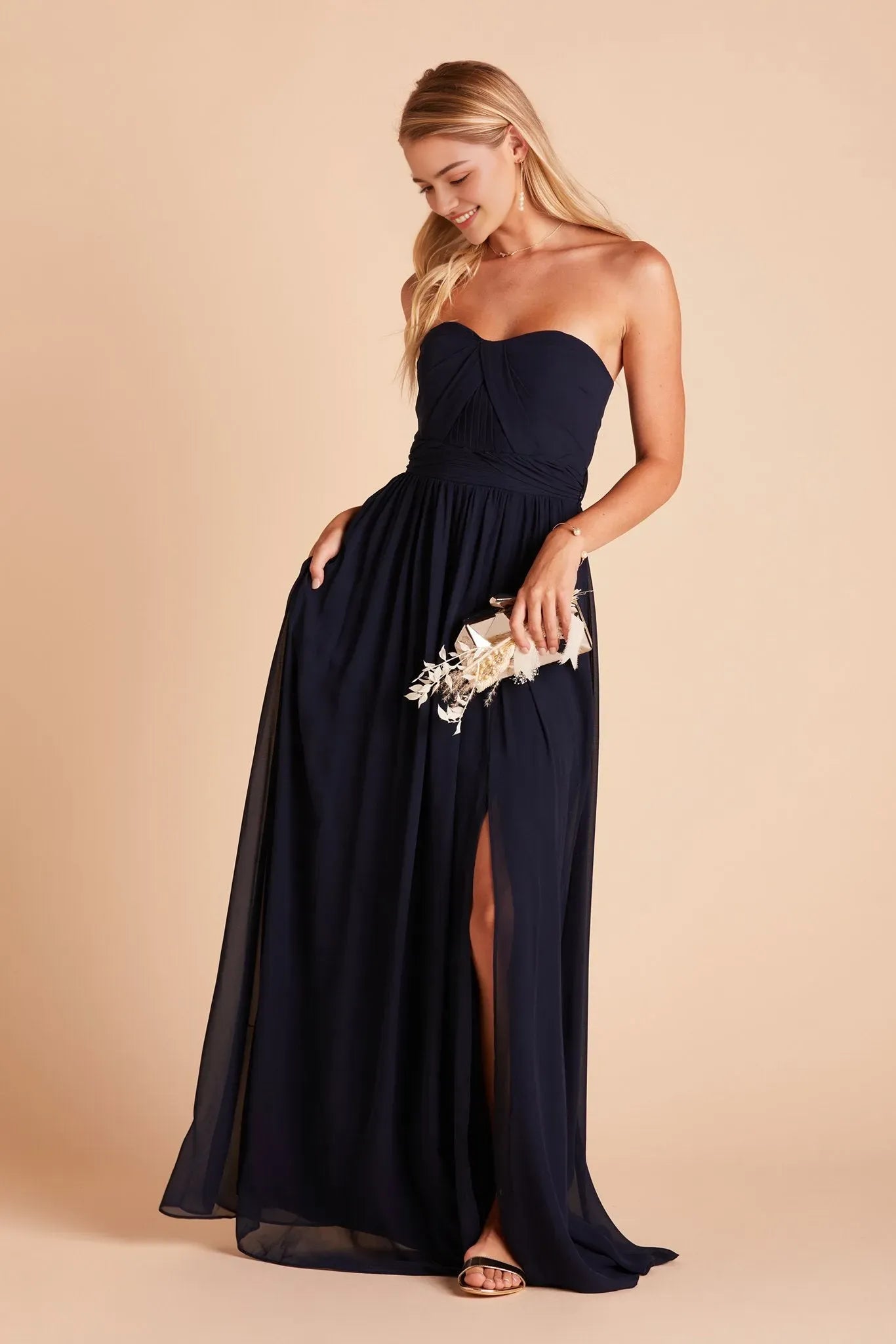 Classic Navy Strapless Chiffon Prom Dresses with Side Slit Timeless Choice for Formal Balls
