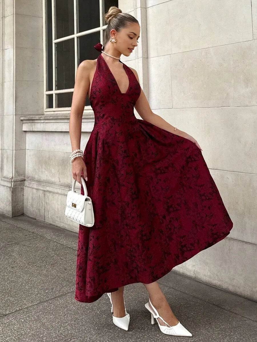 Classic Red A-Line Halter Neck Sleeveless Lace-Up Back Ankle-Length Jacquard Prom Dress ﻿