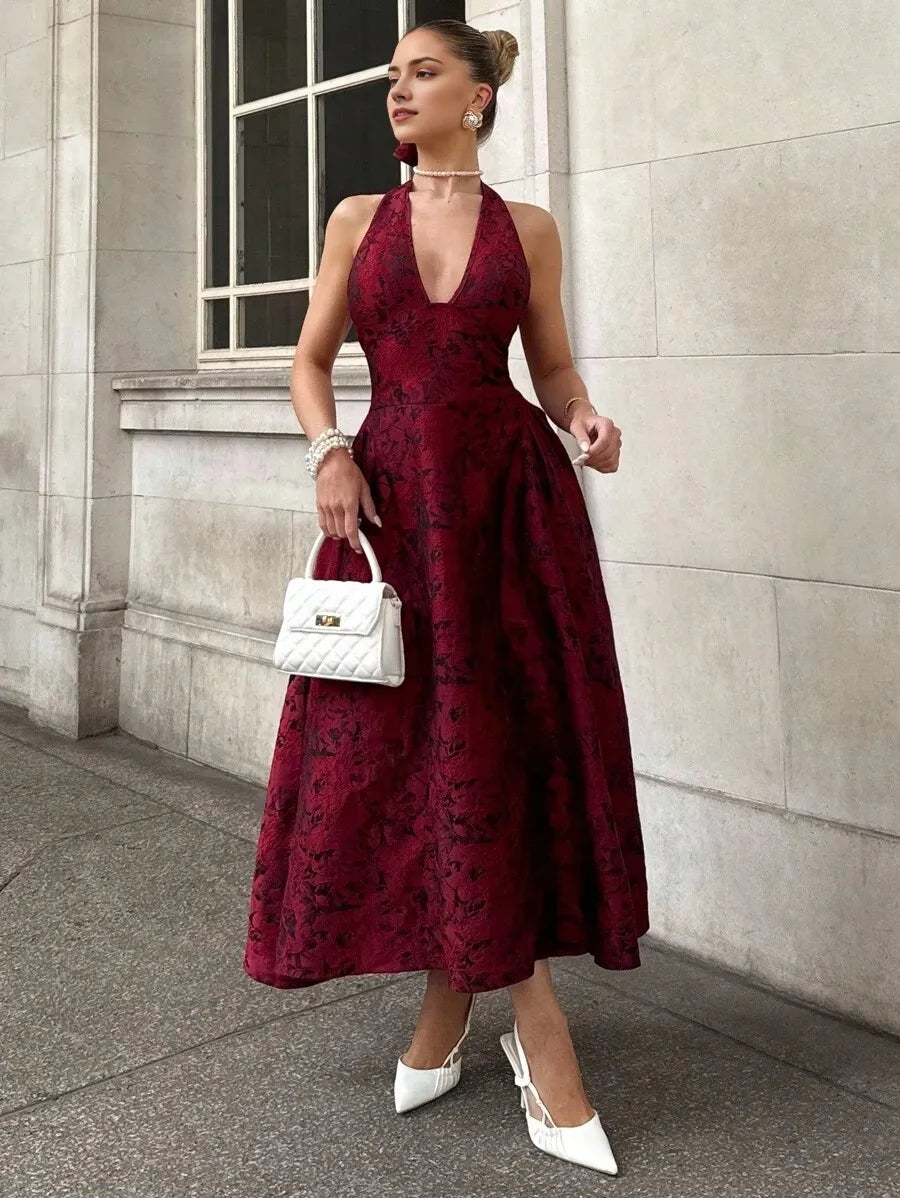 Classic Red A-Line Halter Neck Sleeveless Lace-Up Back Ankle-Length Jacquard Prom Dress ﻿