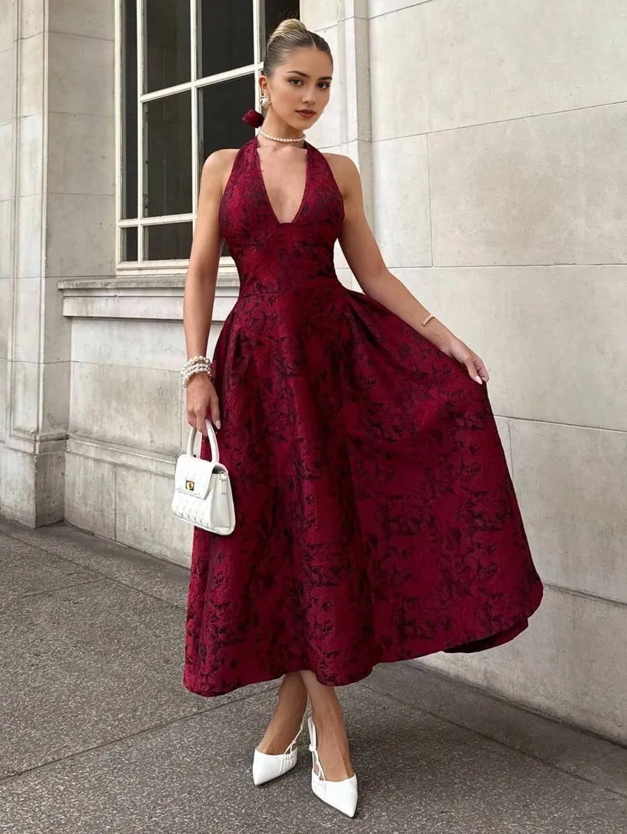 Classic Red A-Line Halter Neck Sleeveless Lace-Up Back Ankle-Length Jacquard Prom Dress ﻿