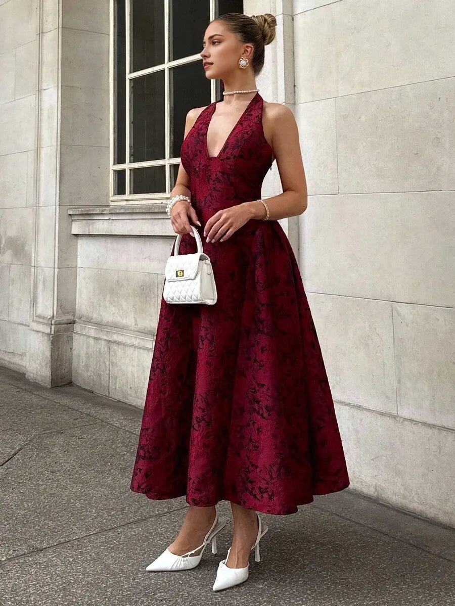 Classic Red A-Line Halter Neck Sleeveless Lace-Up Back Ankle-Length Jacquard Prom Dress ﻿