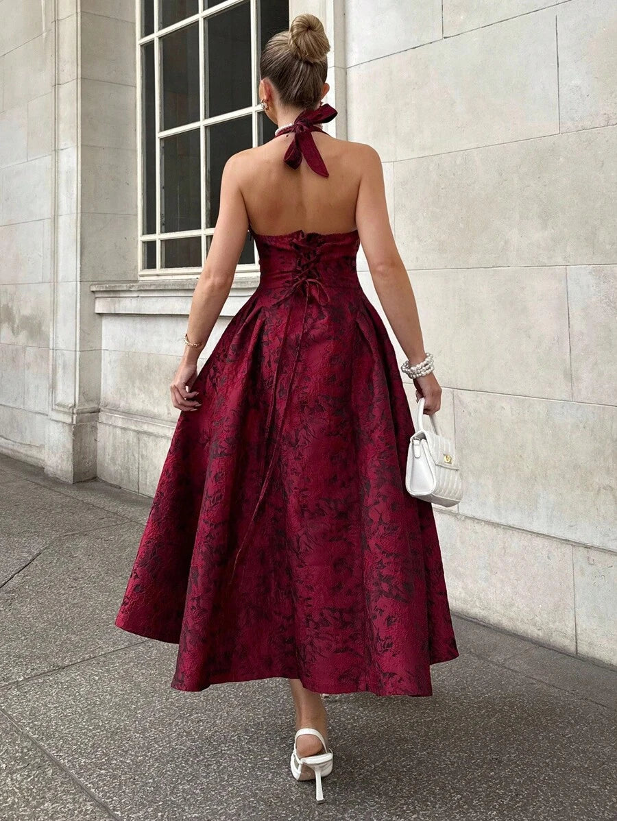 Classic Red A-Line Halter Neck Sleeveless Lace-Up Back Ankle-Length Jacquard Prom Dress ﻿