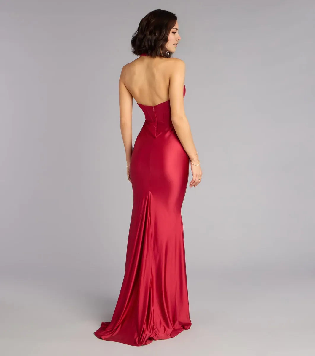 Classic Red Mermaid Halter Neck Sleeveless Back Zip Satin High Side Slit Floor-Length Prom Dresses