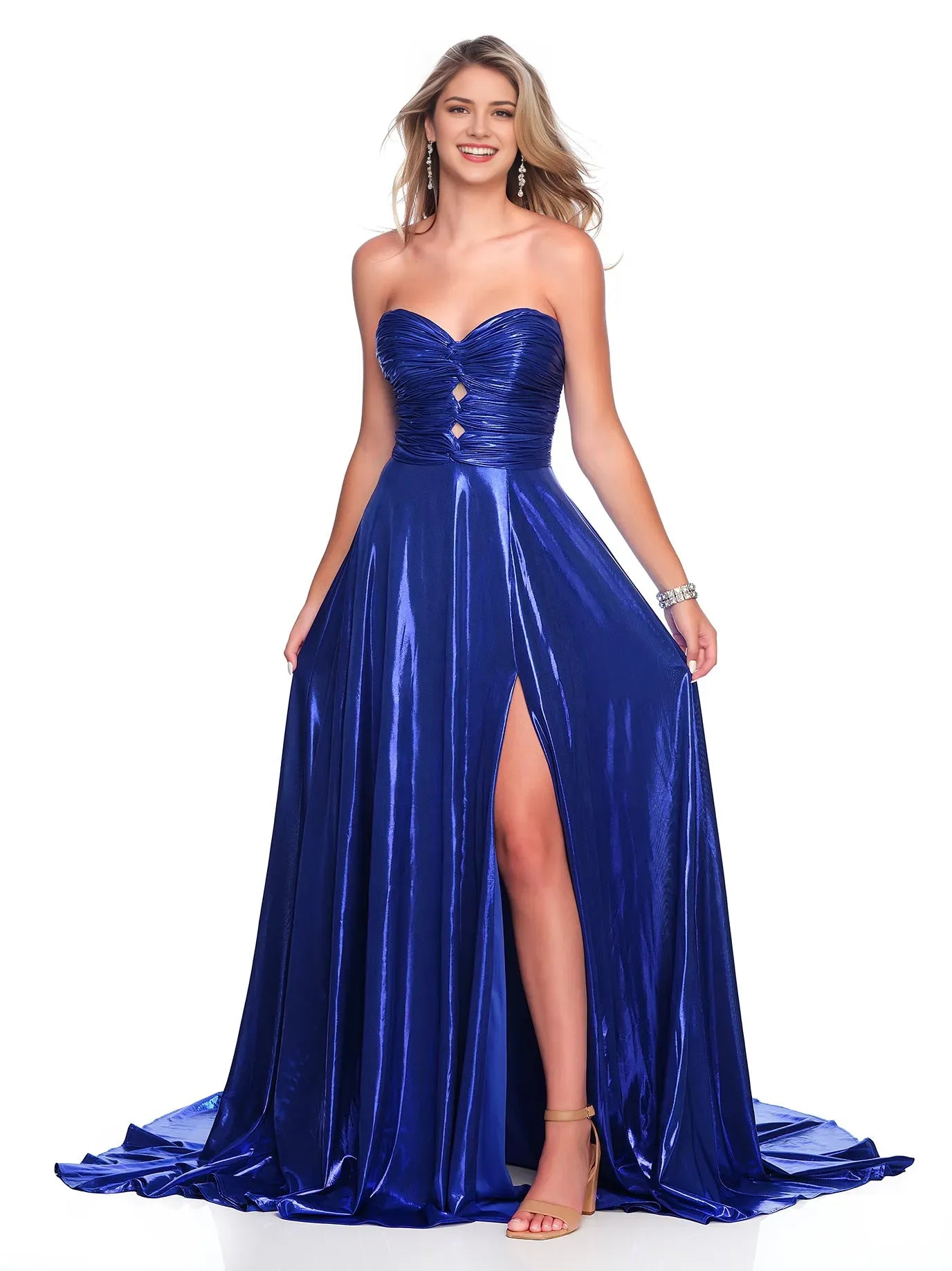 Classic Royal Blue A-Line Sweetheart-Neck Strapless Back Zip Floor-Length  Ruched Metallic Satin Prom Dresses with High Slit