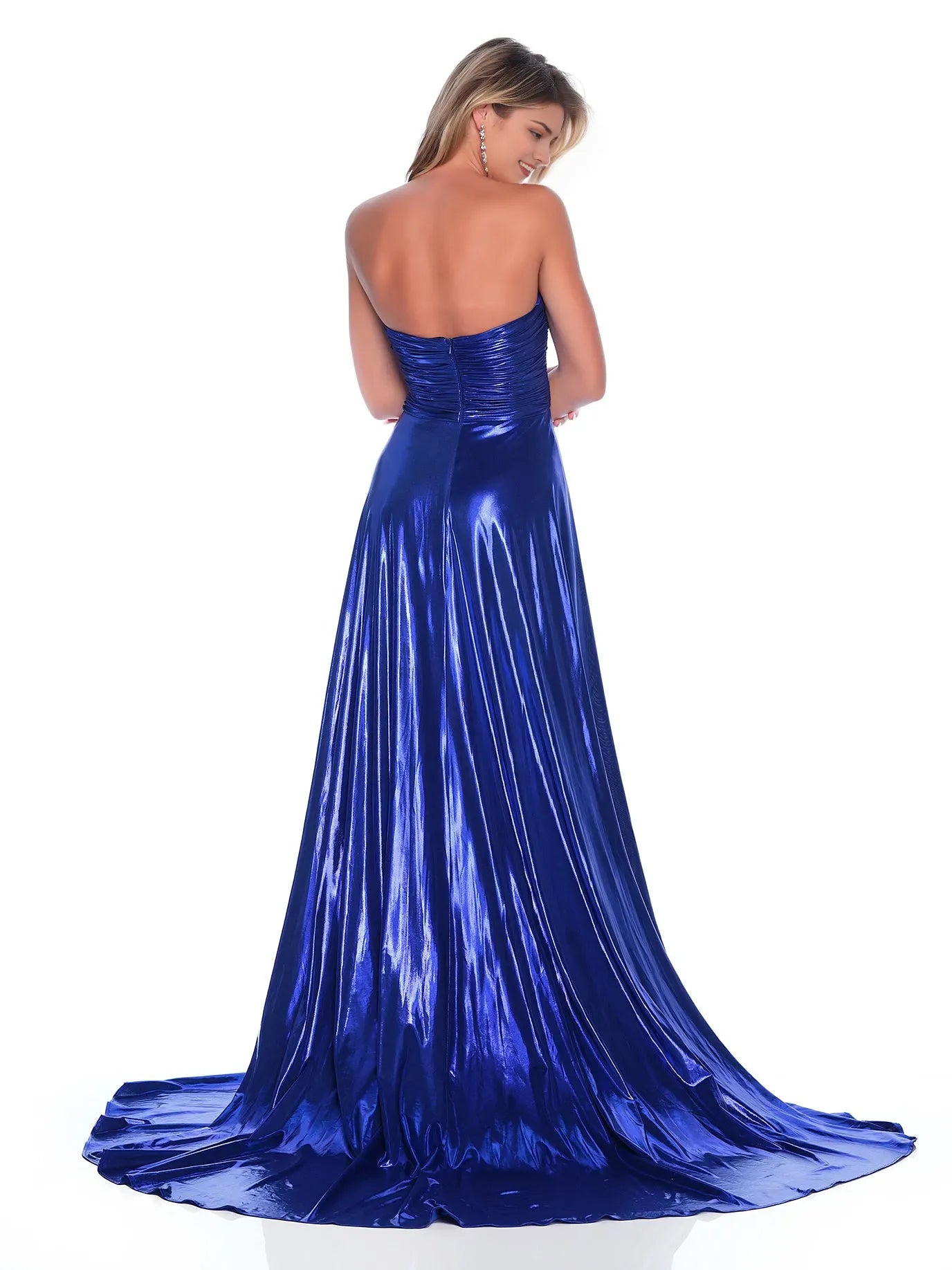 Classic Royal Blue A-Line Sweetheart-Neck Strapless Back Zip Floor-Length  Ruched Metallic Satin Prom Dresses with High Slit