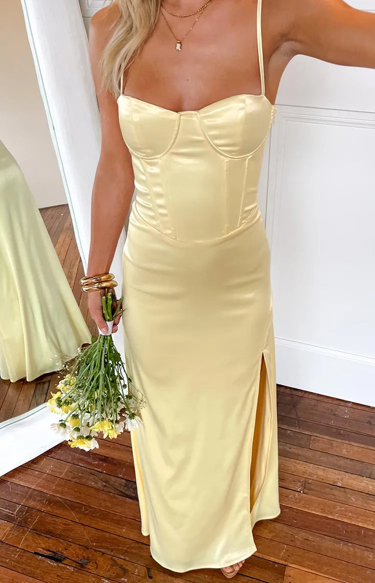 Classic Yellow Satin Prom Dress Spaghetti Straps Corset Inspired Bodice Side Slit Silhouette for Timeless Elegance