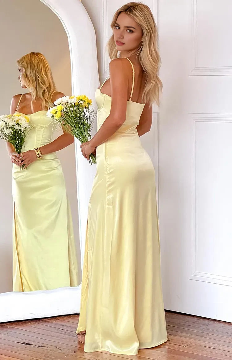 Classic Yellow Satin Prom Dress Spaghetti Straps Corset Inspired Bodice Side Slit Silhouette for Timeless Elegance