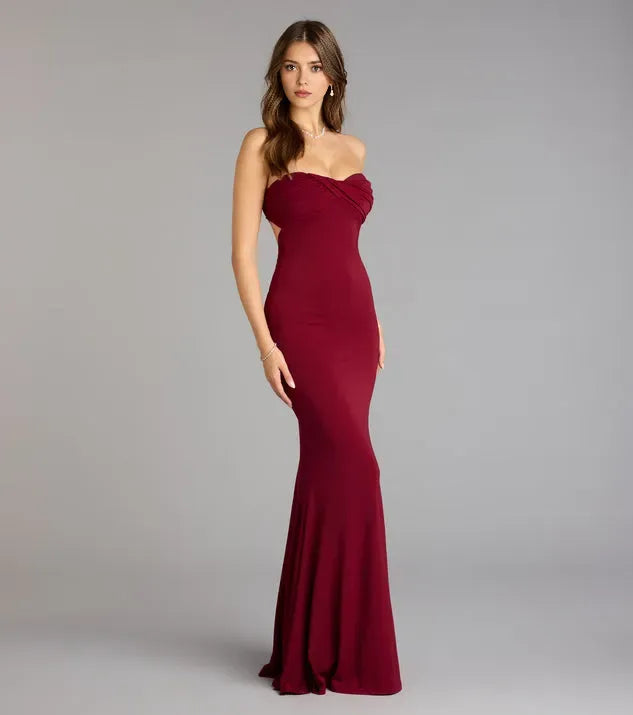 Classic Burgundy Mermaid Sweetheart Neck Strapless Cut-Out-Back Floor-Length Prom Dresses ﻿