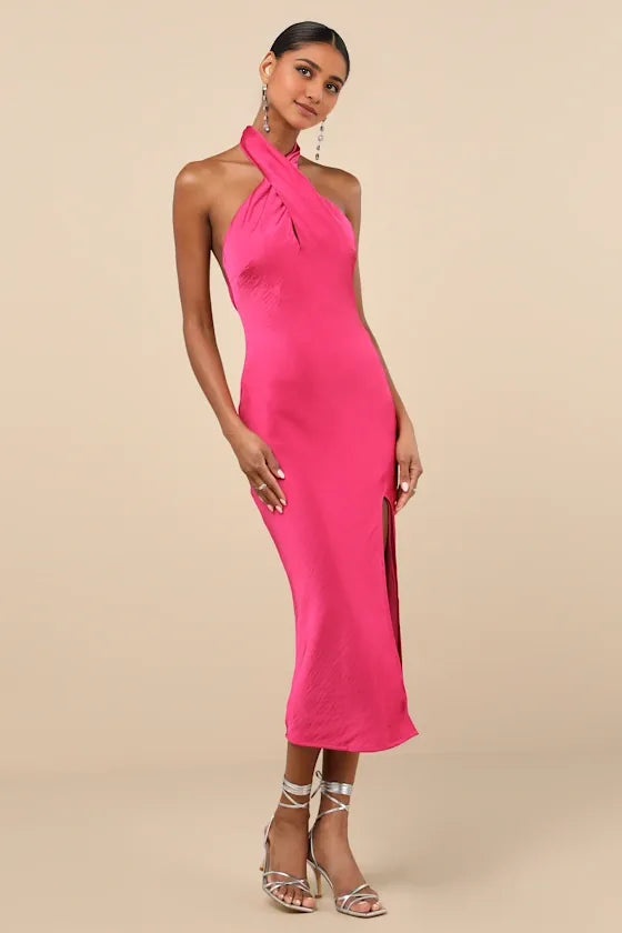 Classy Hot Pink Satin Halter Homecoming Dresses