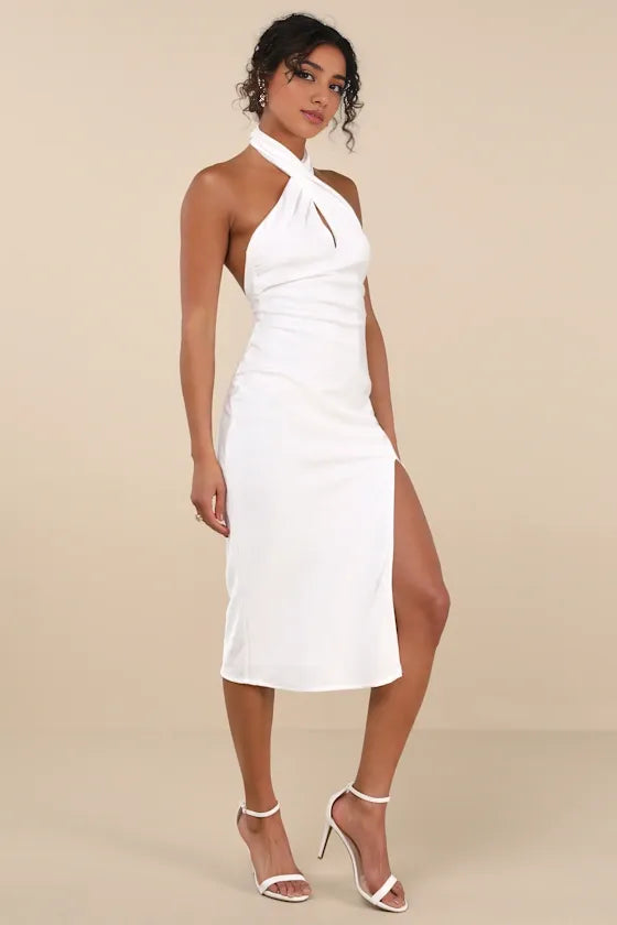 Classy Hot Pink Satin Halter Homecoming Dresses