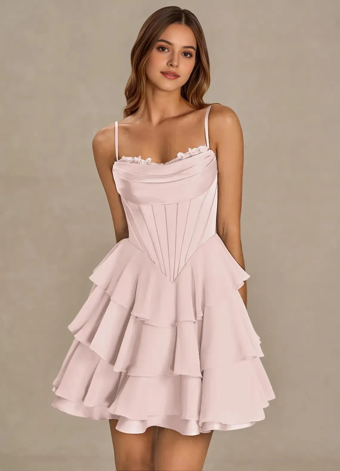 Classy Pink Homecoming Dress with Lace Trim Spaghetti Straps Tiered Skirt for an Elegant Homecoming Ensemble