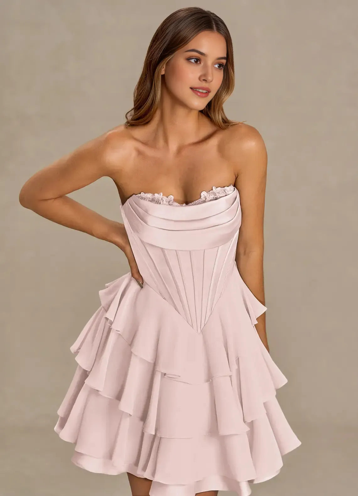 Classy Pink Homecoming Dress with Lace Trim Spaghetti Straps Tiered Skirt for an Elegant Homecoming Ensemble