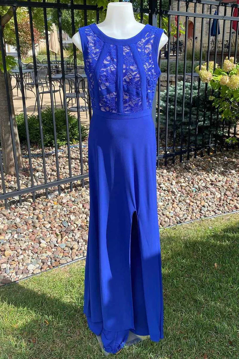 Cobalt Blue Lace Sleeveless Long Mother of the Bride Dress with Slit
